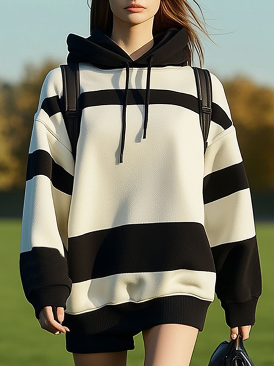 Casual Loose Black and White Striped Hoodie Long Sleeve Mini Dress