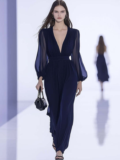 Elegant and Timeless V-neck Pleated Navy Blue Chiffon Jumpsuit