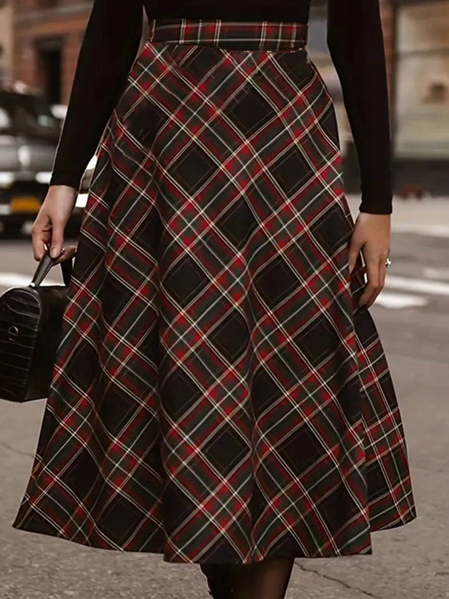 Retro Fashion Temperament Plaid A-Line Loose Skirt