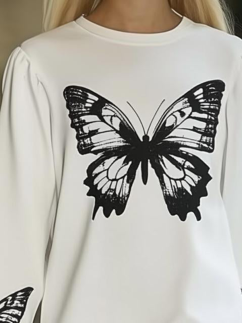 Fashion Loose Butterfly Print White T-Shirt Long Sleeve Mini Dress