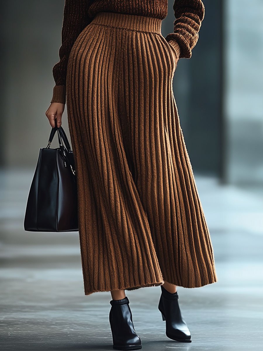 Casual Retro Solid Color Knit Pocket Wide Leg Pants