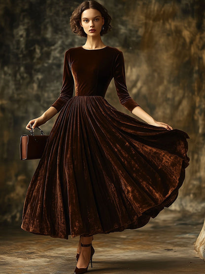 Vintage Chocolate Velvet Long Sleeve Crewneck Maxi Dress