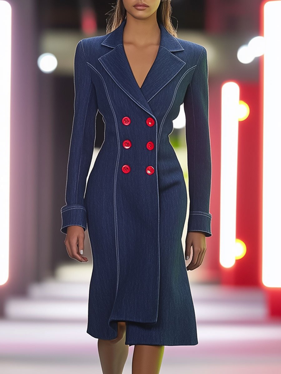 Casual Retro Navy Denim Red Double Breasted Trench Coat Midi Dress