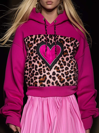 Eye-catching Hooded Heart Leopard Print Rose Red Sweatshirt