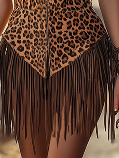 Retro Casual Fashion Leopard Tassel Suede Vest