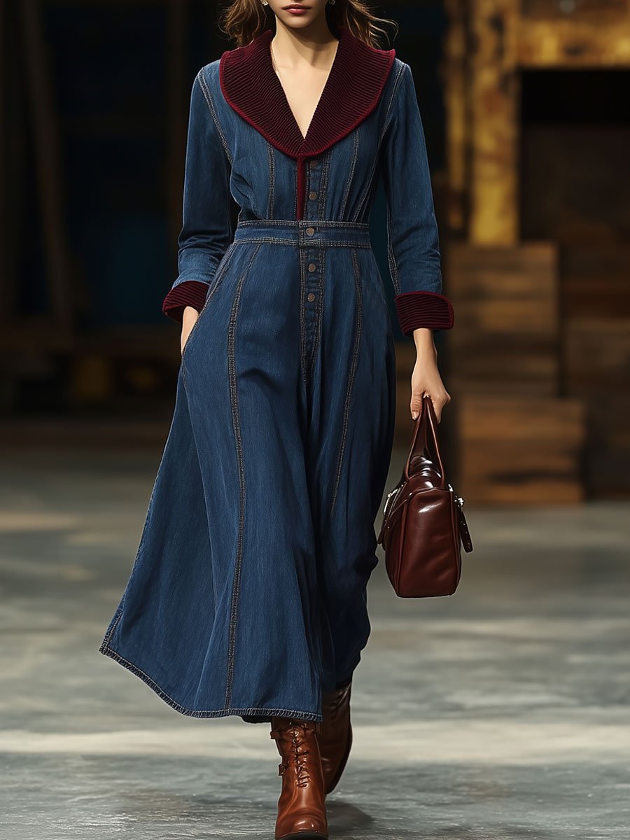 Fashion Retro Denim Patchwork Corduroy Long-Sleeved Maxi Dress