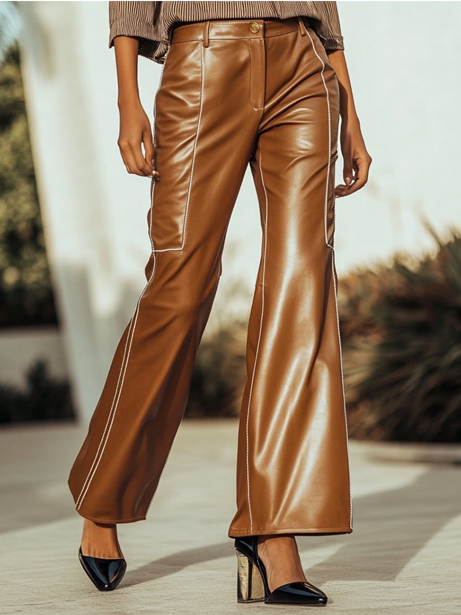 Retro Fashion Brown Pressed Matte Leather Straight Pants