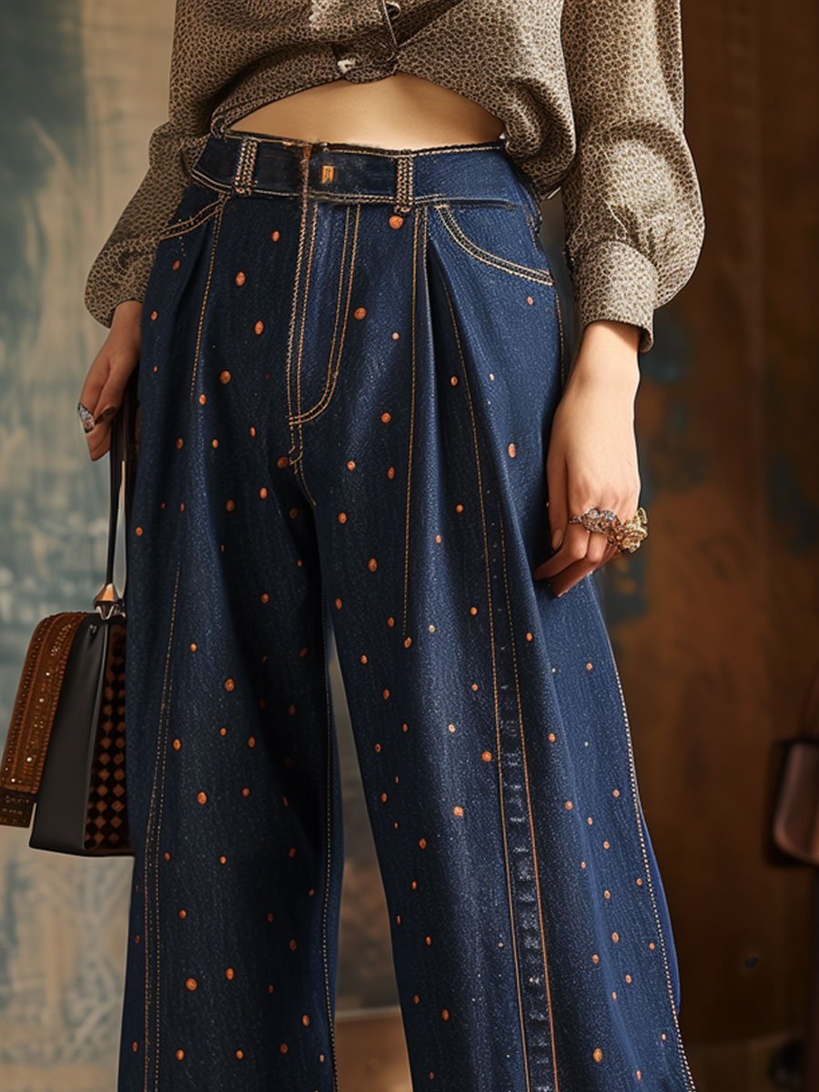 Casual Retro Polka Dot Ink Pocket Wide Leg Jeans