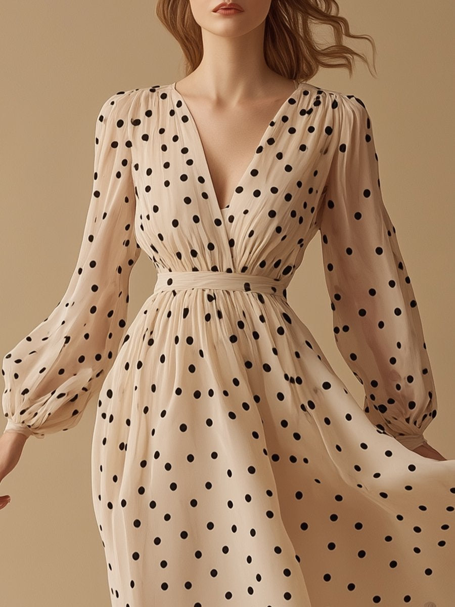 Romantic Polka Dot V-neck Beige Long Sleeve Maxi Dress