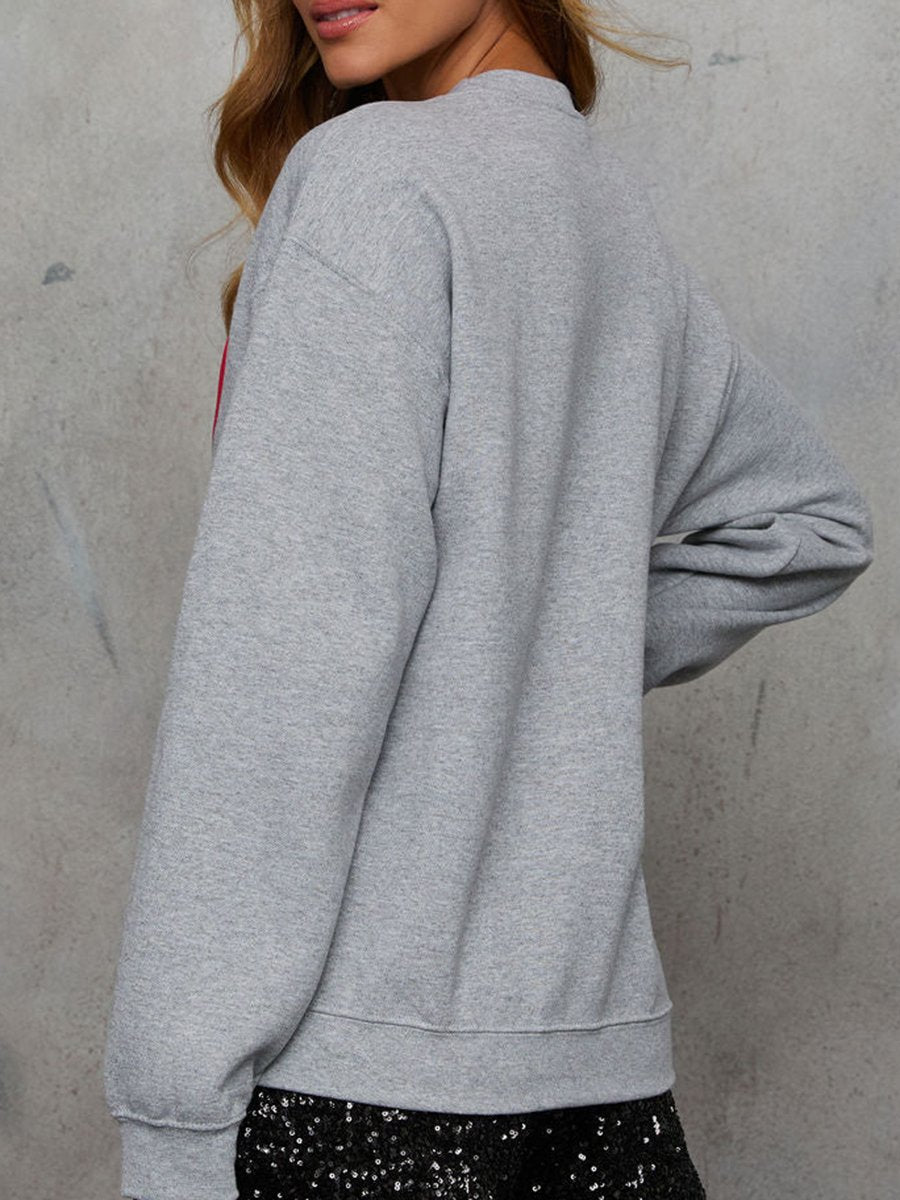 Casual Loose Heart Printed Grey Pullover Sweatshirt