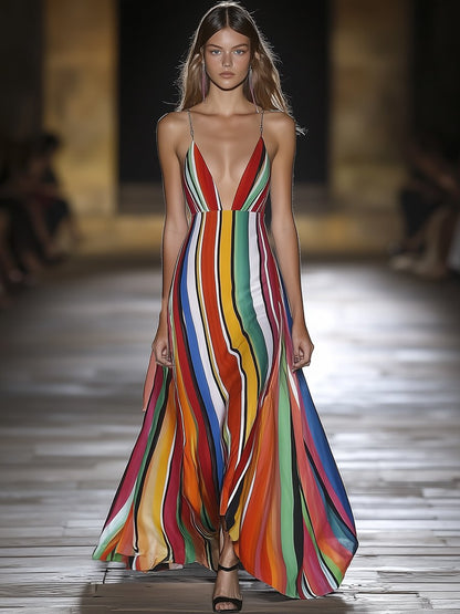 Fashionable Colorful Striped V-neck Sleeveless Maxi Dress