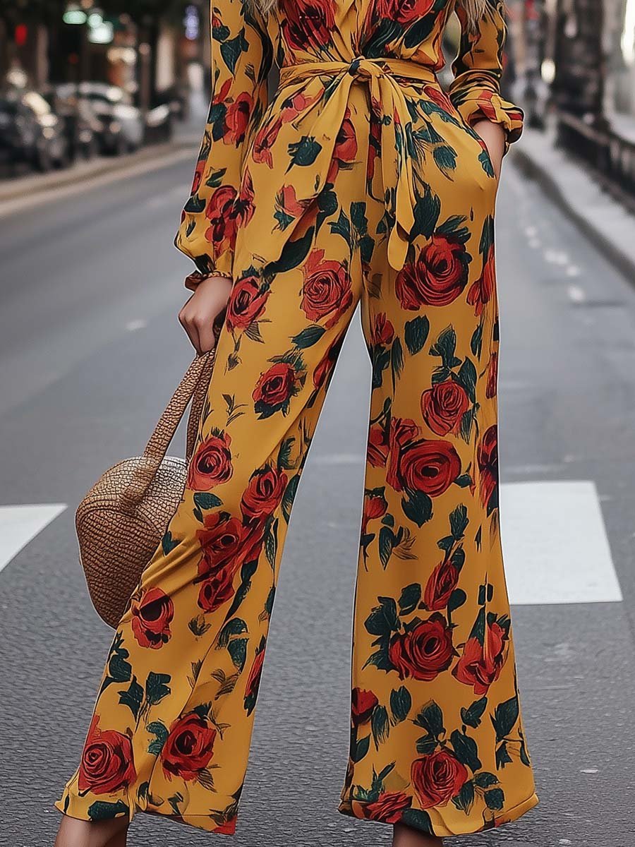 Handsome and Moving V-neck Waist Tie Yellow Floral Print Jumpsuit