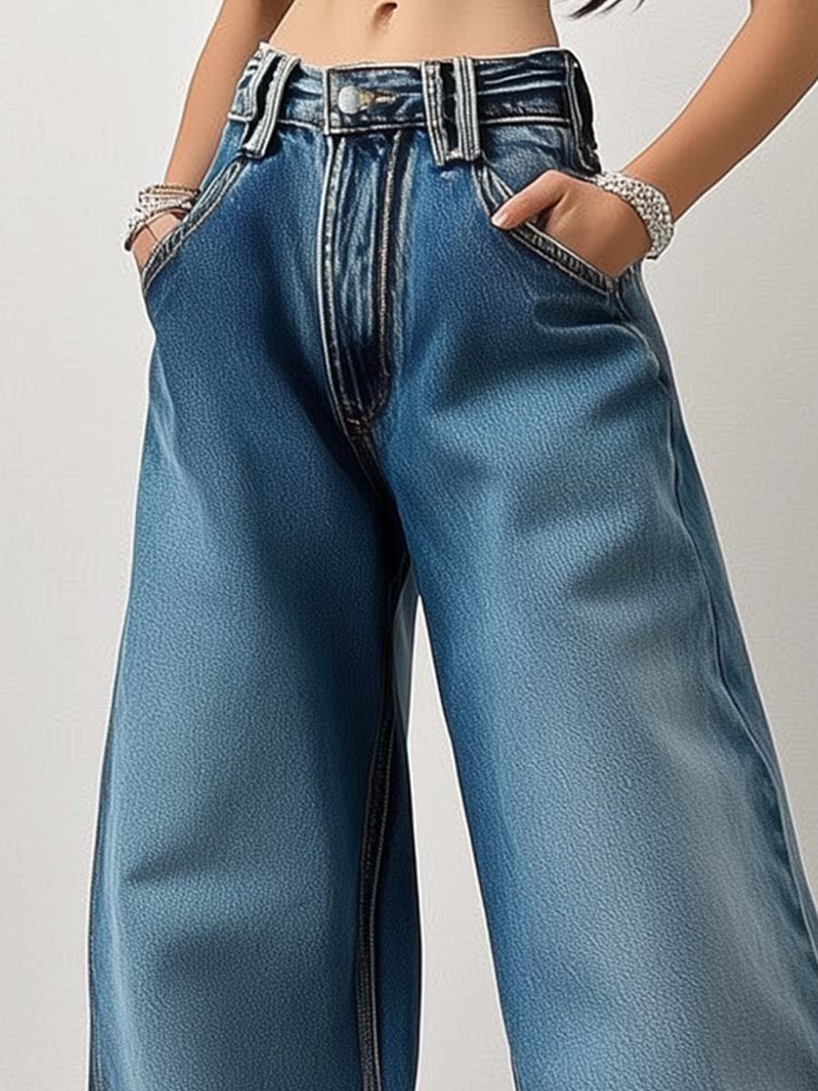 Vintage Fashion Casual Pocket Wide Leg Jeans