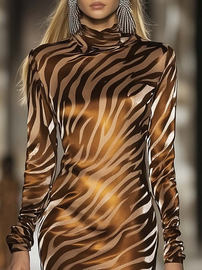 Elegant Personality Half Turtleneck Brown Zebra Print Satin Midi Dress