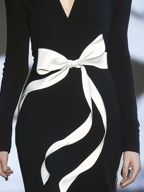 Elegant Classic Bow Print Black Long Sleeve Maxi Dress