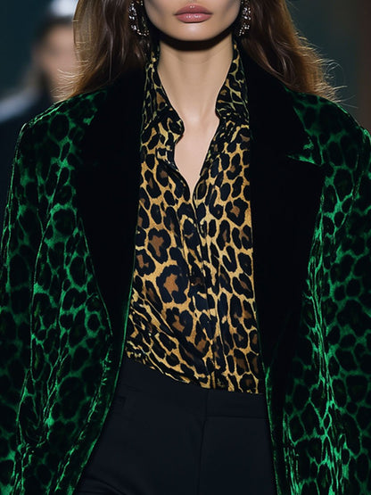 Casual Loose Retro Green Velvet Leopard Print Black Lapel Blazer