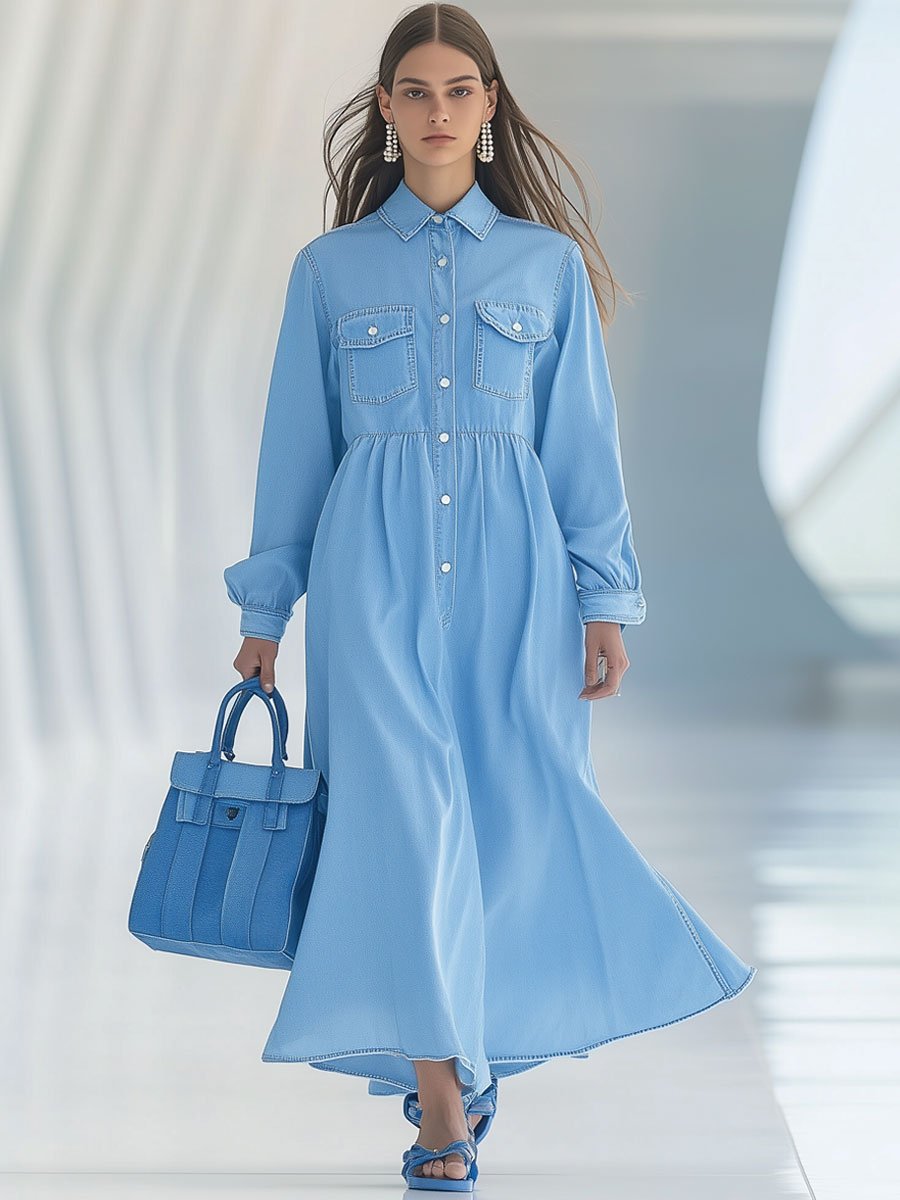 Casual Loose Blue Denim Long Sleeve Shirt Vacation Maxi Dress