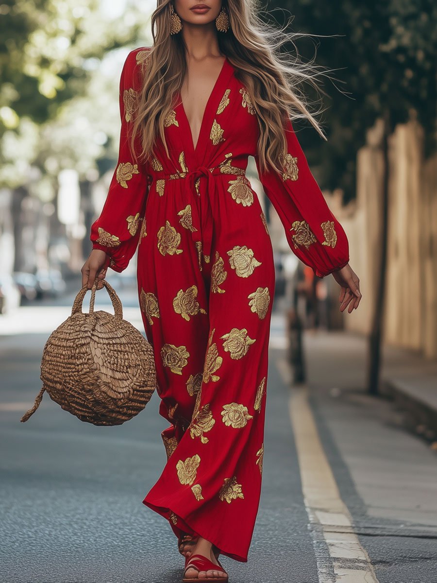 Casual Cotton and Linen Gold-stamped Rose Printed Long-sleeved Lace-up Flared Jumpsuit