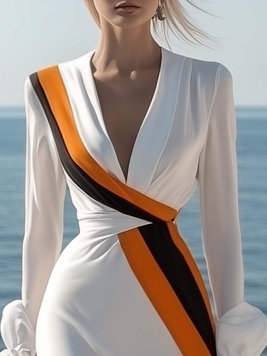 Fashion V-neck Orange and Black Contrast Wrap-around White Mini Dress