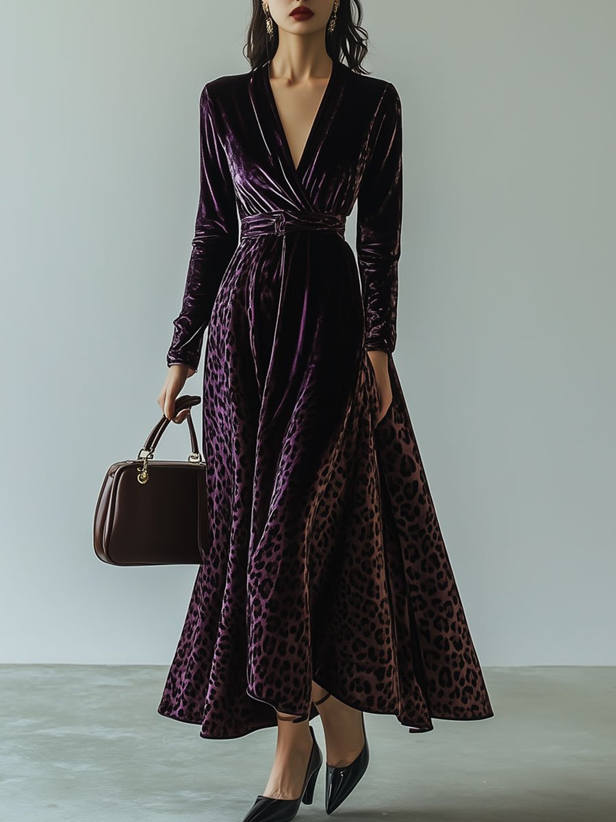 V-Neck Vintage Velvet Leopard Print Long-Sleeved Maxi Dress