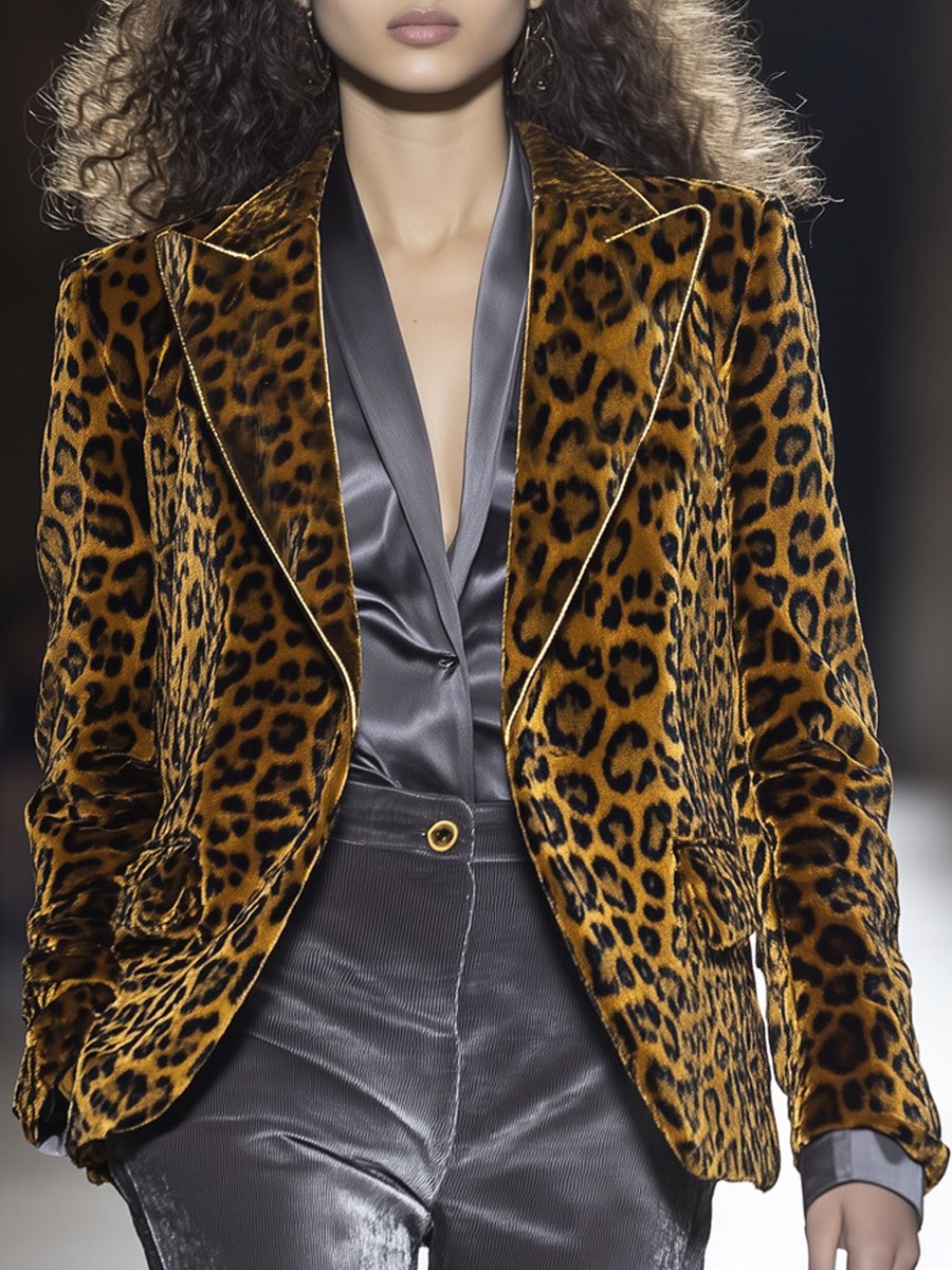 Casual Loose Velvet Leopard Print Lapel Blazer