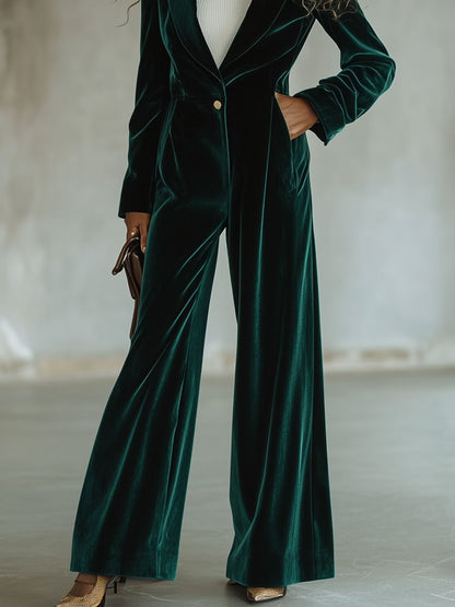 Casual Loose Retro Solid Color Velvet Lapel Wide Leg Jumpsuit