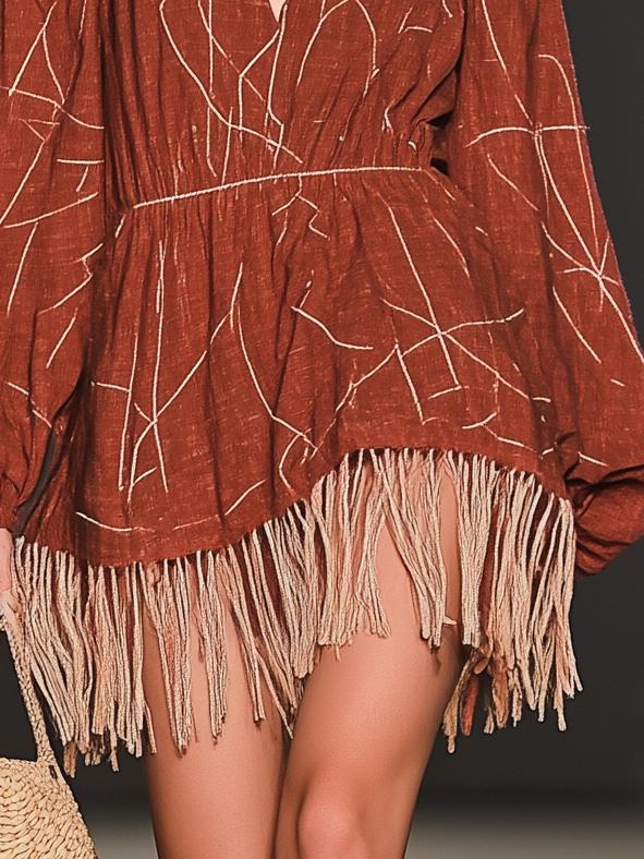 Off-The-Shoulder Fringed Long-Sleeved Holiday Mini Dress