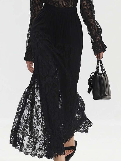 Elegant and Unique High Collar Black Lace Jumpsuit with A Lace Skirt