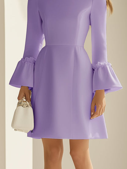 Fashionable and Elegant Lavender Half-high Collar Long-sleeved Trumpet Sleeve Satin Mini Dress