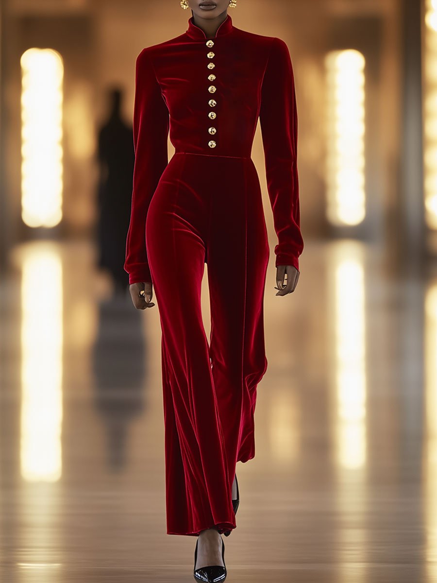 Fashion Retro Red Velvet Metal Button Long Sleeve Flared Jumpsuit