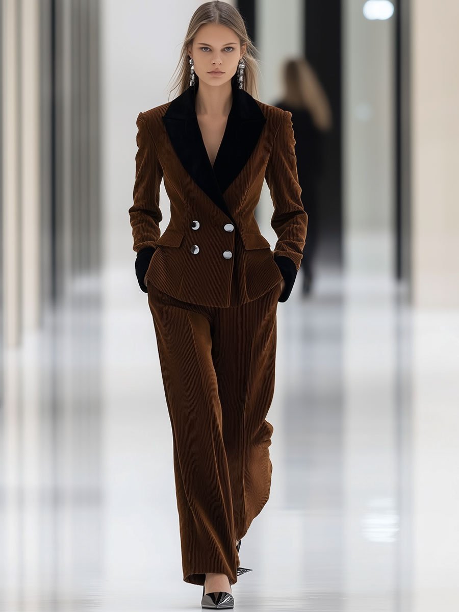 Casual Loose Retro Corduroy Color Block Lapel Suit And Pants Set