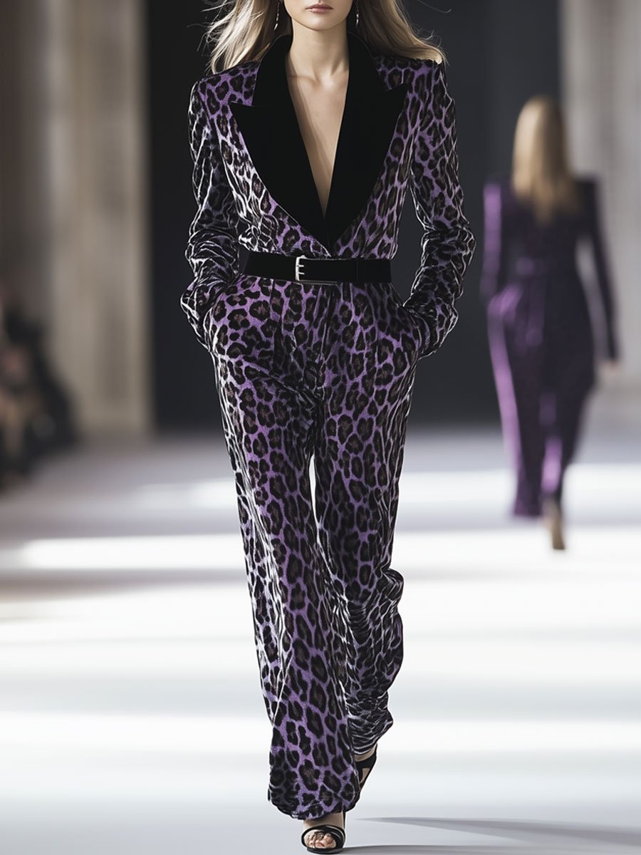 Casual Loose Retro Purple Leopard Print Lapel Lace Velvet Jumpsuit