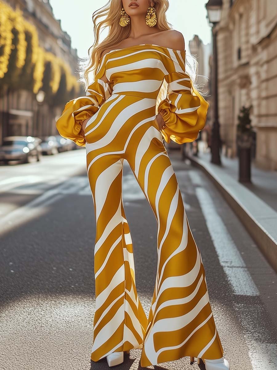 Fashion Off-the-shoulder Puff Sleeve White Satin Yellow Striped Jumpsuit