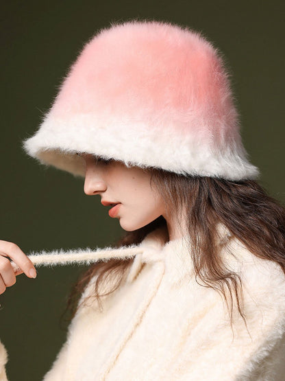 Winter Fashion Gradient Plush Rabbit Fur Warm Bucket Hat