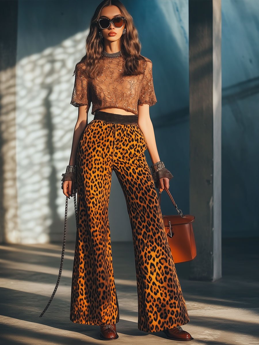 Casual Loose Vintage Velvet Leopard Print Elastic Waist Pants