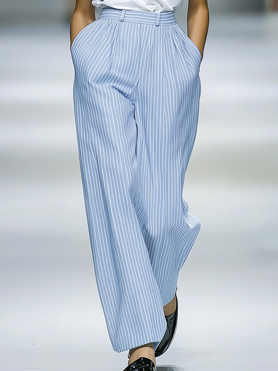 Casual Loose Lazy Style Blue Striped Wide-Leg Pants