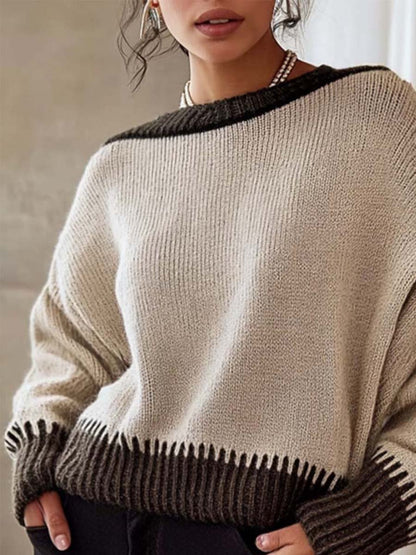 Retro Fashion Round Neck Contrast Color Stitching Sweater