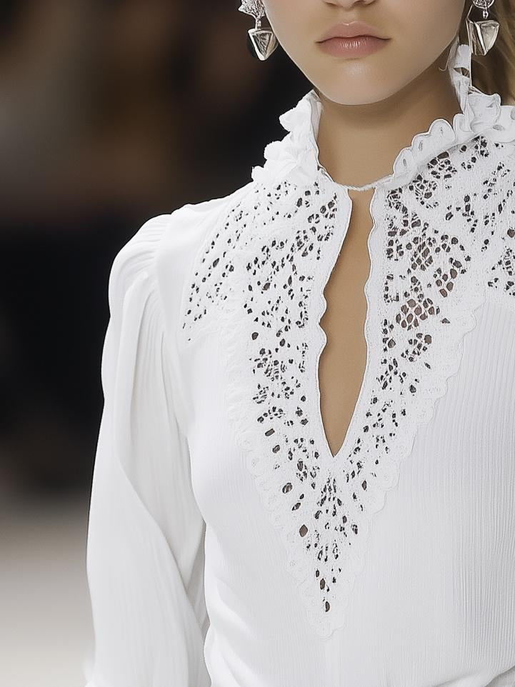 Classic All-Match Lace Chiffon White Long-Sleeved Shirt