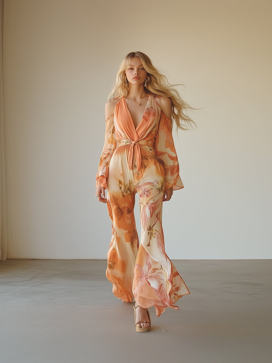 Elegant and Charming Off The Shoulder Light Orange Chiffon Print Long-sleeved Jumpsuit