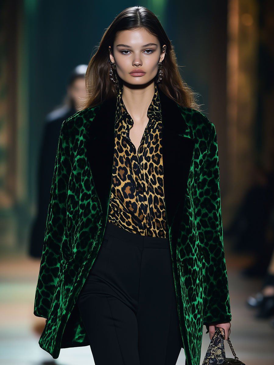 Casual Loose Retro Green Velvet Leopard Print Black Lapel Blazer