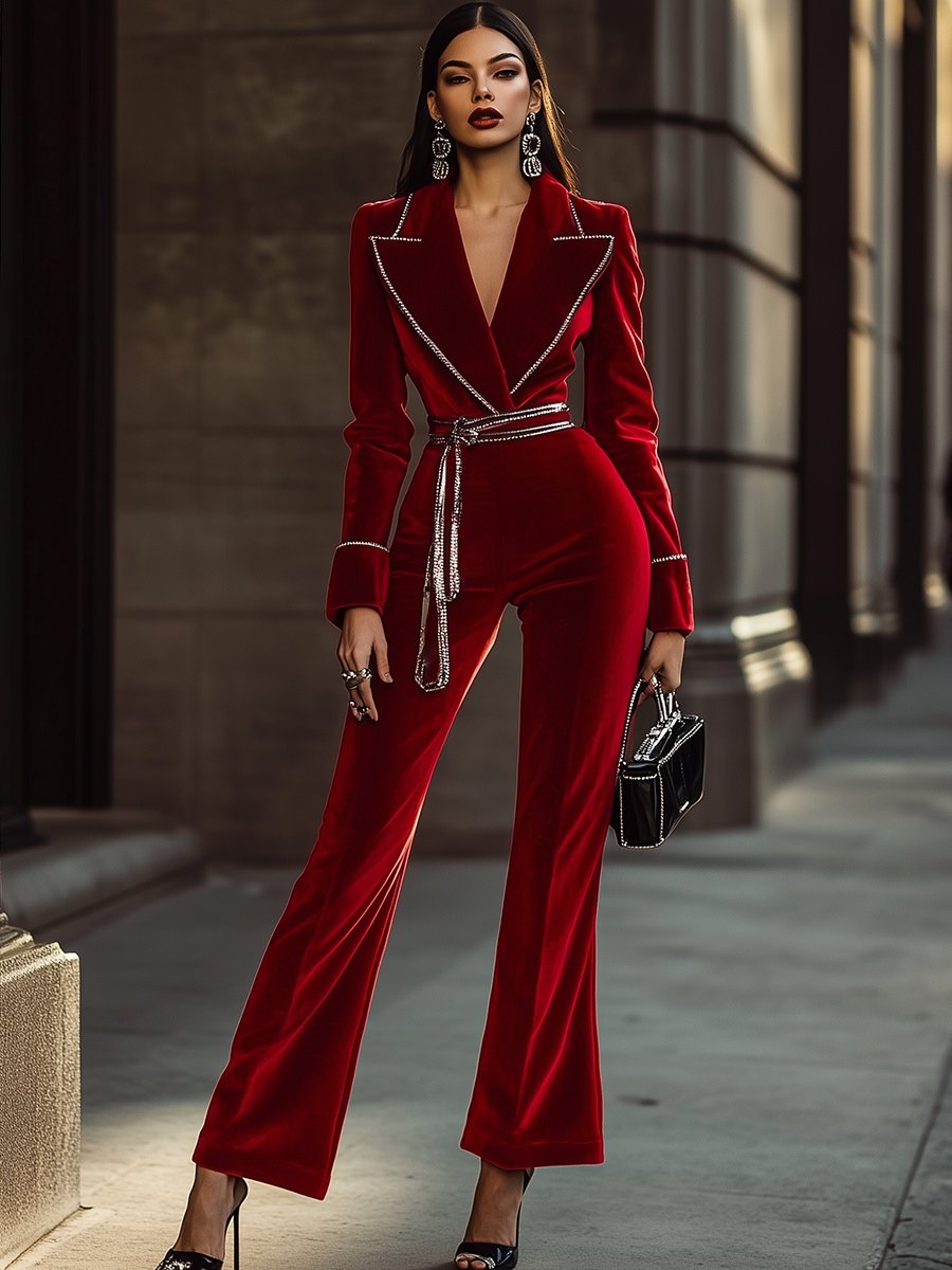 High-End And Fashionable Red Velvet Jumpsuit With Silver Trim