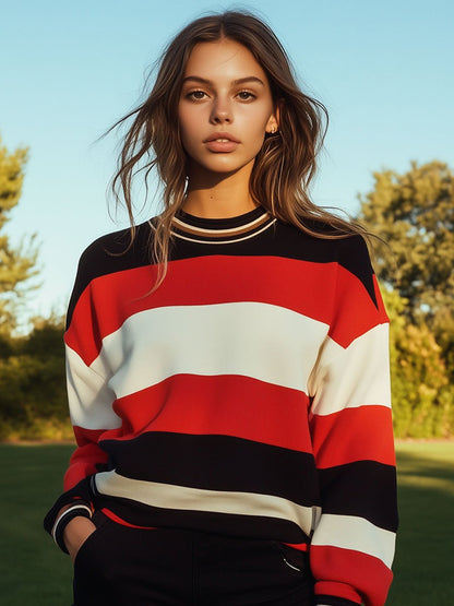 Casual Loose Colorful Striped Crewneck Sweatshirt