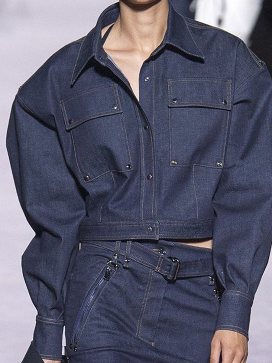 Fashionable Classic Wide Sleeve Denim Shirt Set