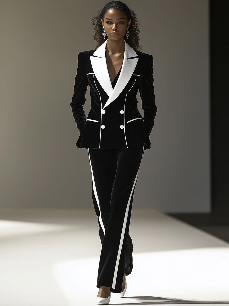 Casual Loose Retro Black And White Velvet Double-Breasted Suit And Pants Set