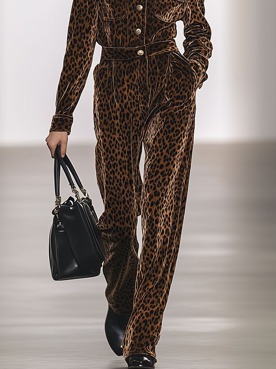 Casual Loose Retro Velvet Leopard Print Multi-Pocket Long Sleeve Jumpsuit