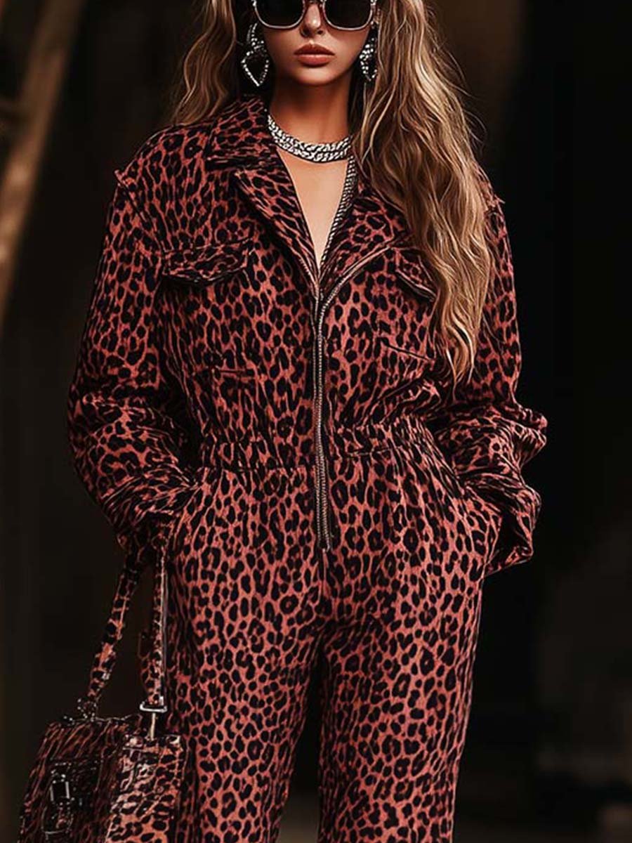 Fashion Retro Lapel Pocket Zipper Leopard Jumpsuit