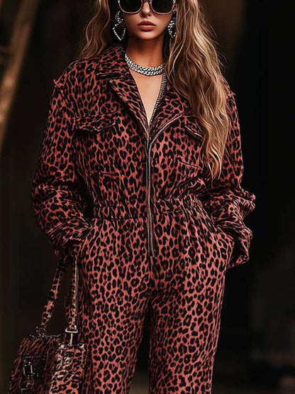 Fashion Retro Lapel Pocket Zipper Leopard Jumpsuit