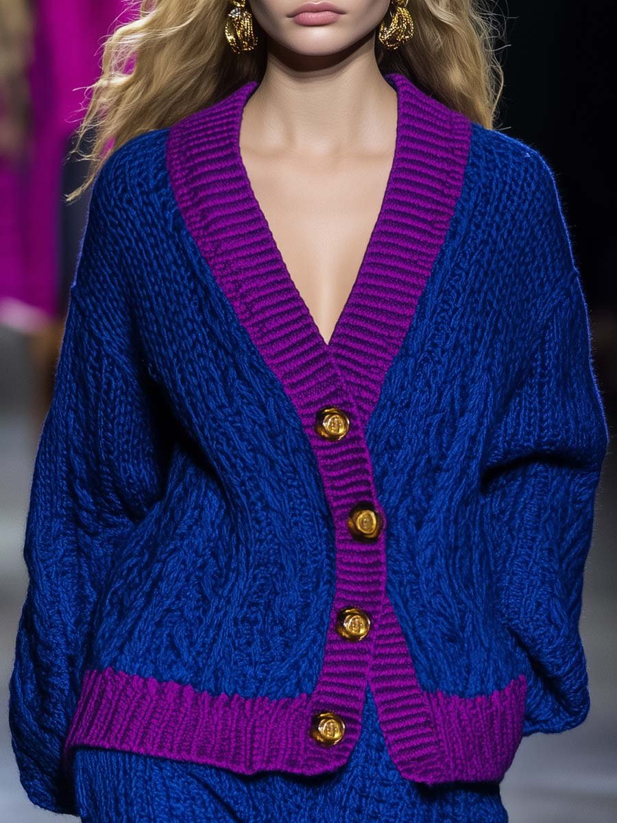 Casual Fashion V-neck Contrast Color Knitted Texture Cardigan