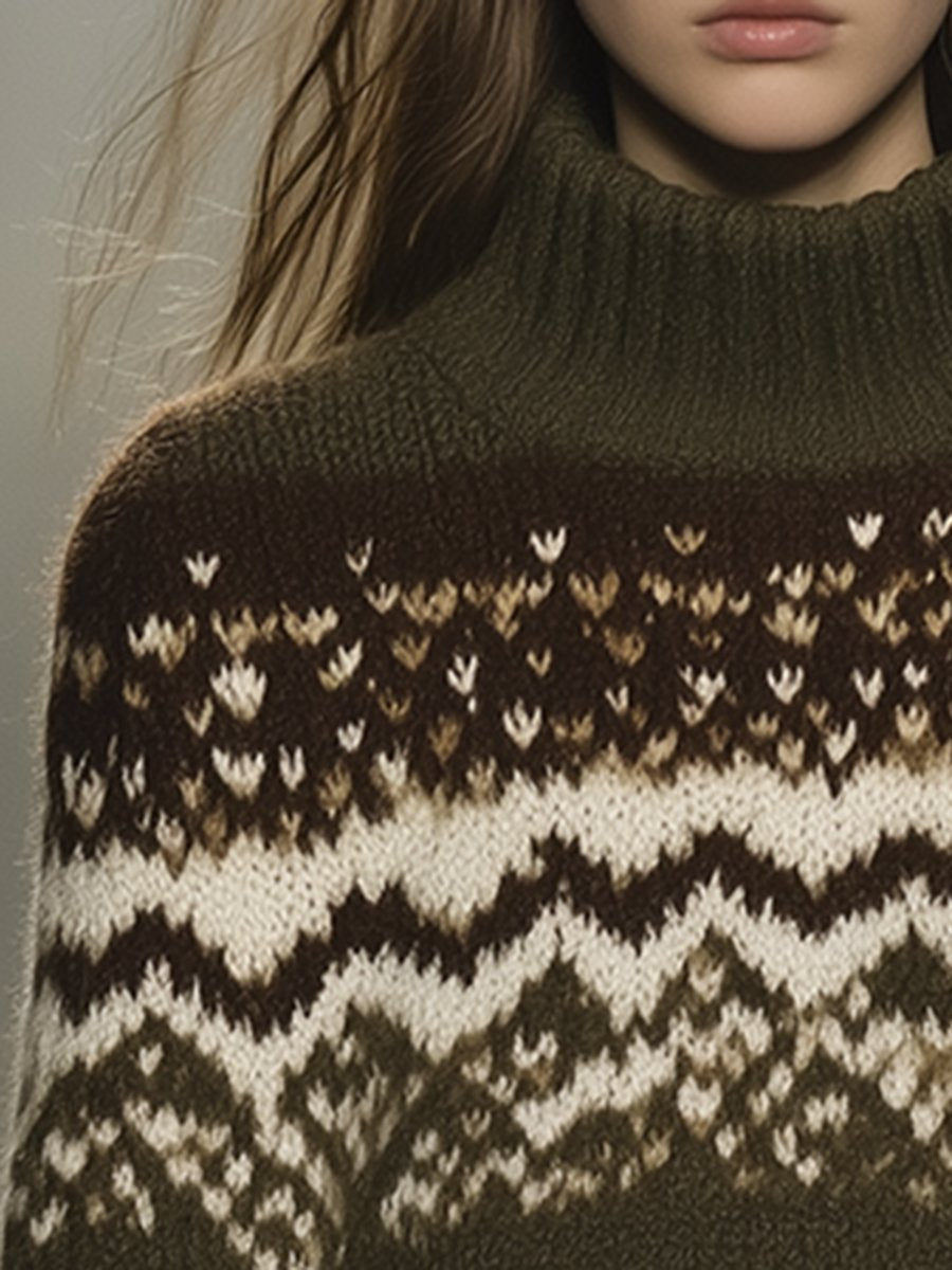 Vintage Fair Isle Olive Green Loose Turtleneck Sweater