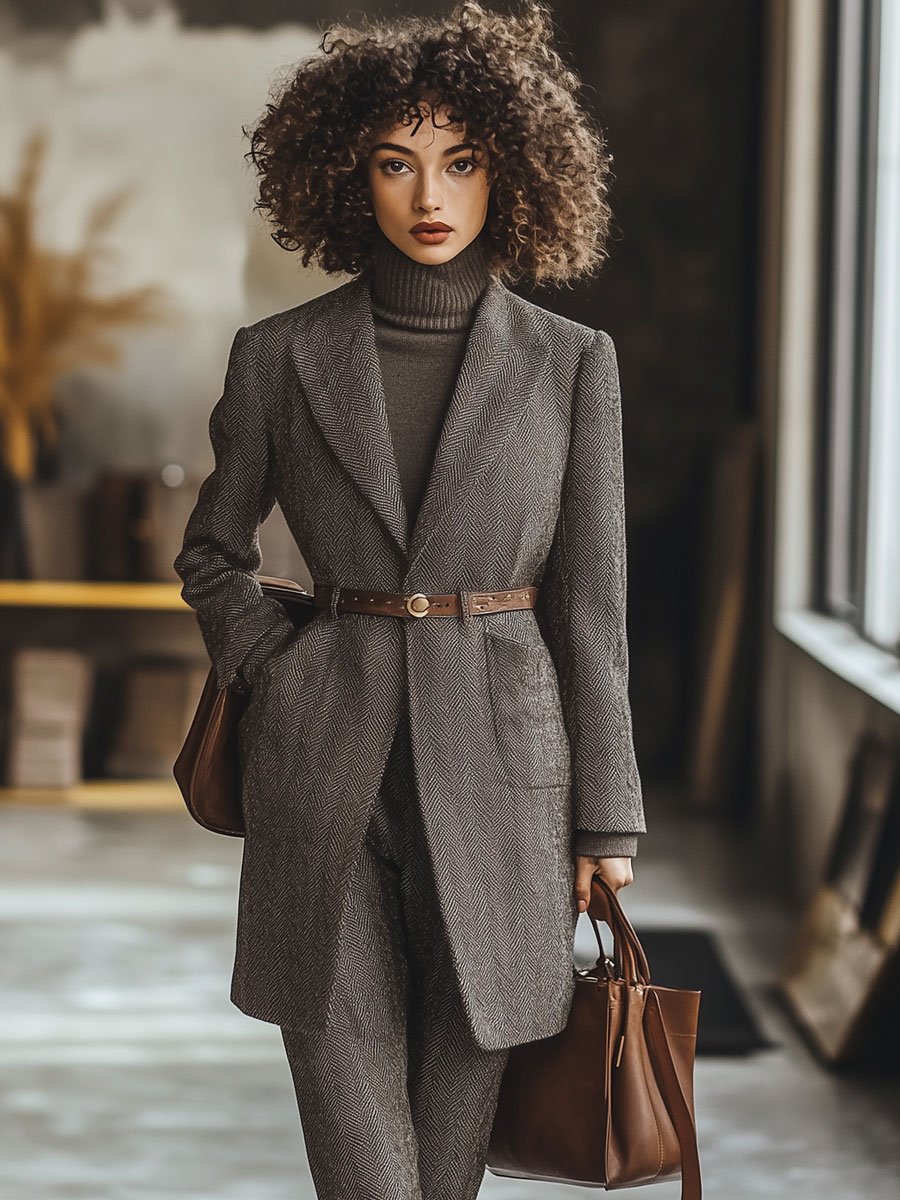 Casual Loose Herringbone Wool Pocket Coat